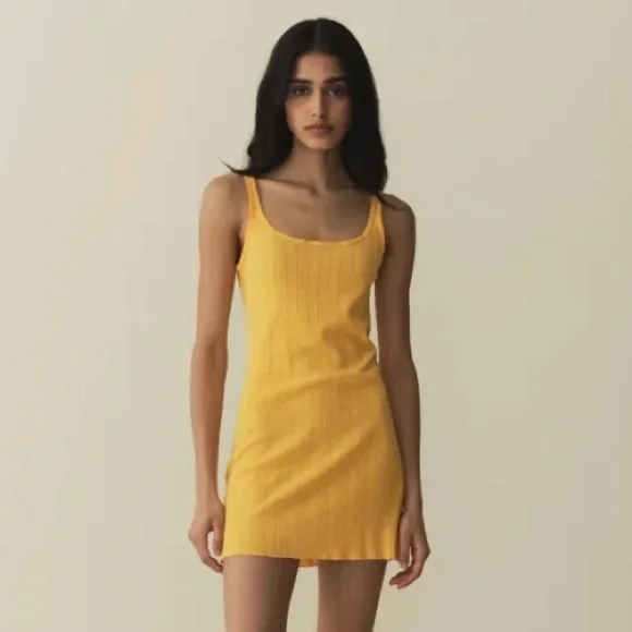 Doen Cynthia Cotton Tank Mini Dress Jonquille Apolline Pointelle Yellow Gold - Picture 5 of 13